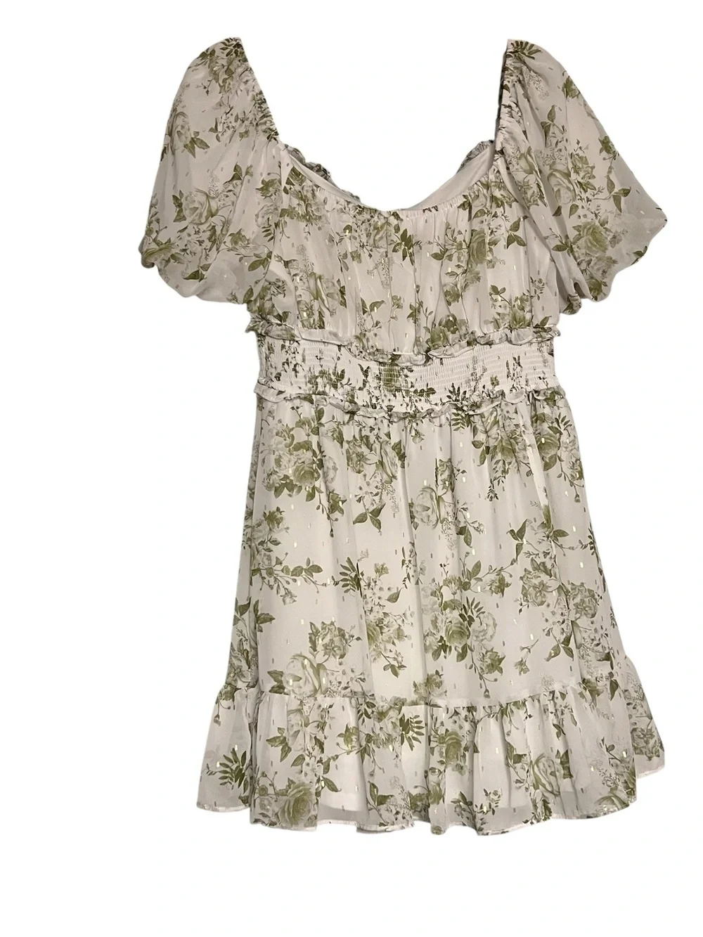 ✨ Altar’d State Sage Floral Mini Dress | Size Large | Gold Fleck Detail ✨ - Picture 3 of 9